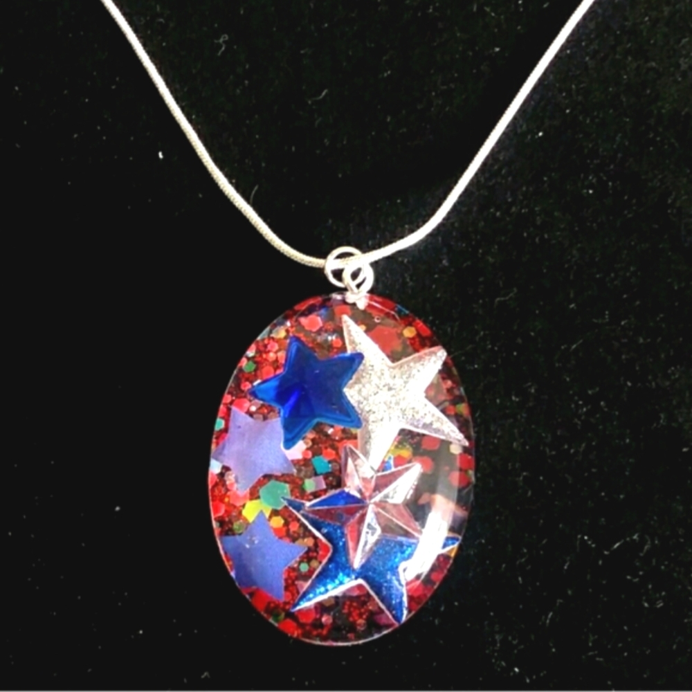 Blue red silver star resin pendant on 20" silver necklace patriotic 4th Of JULY